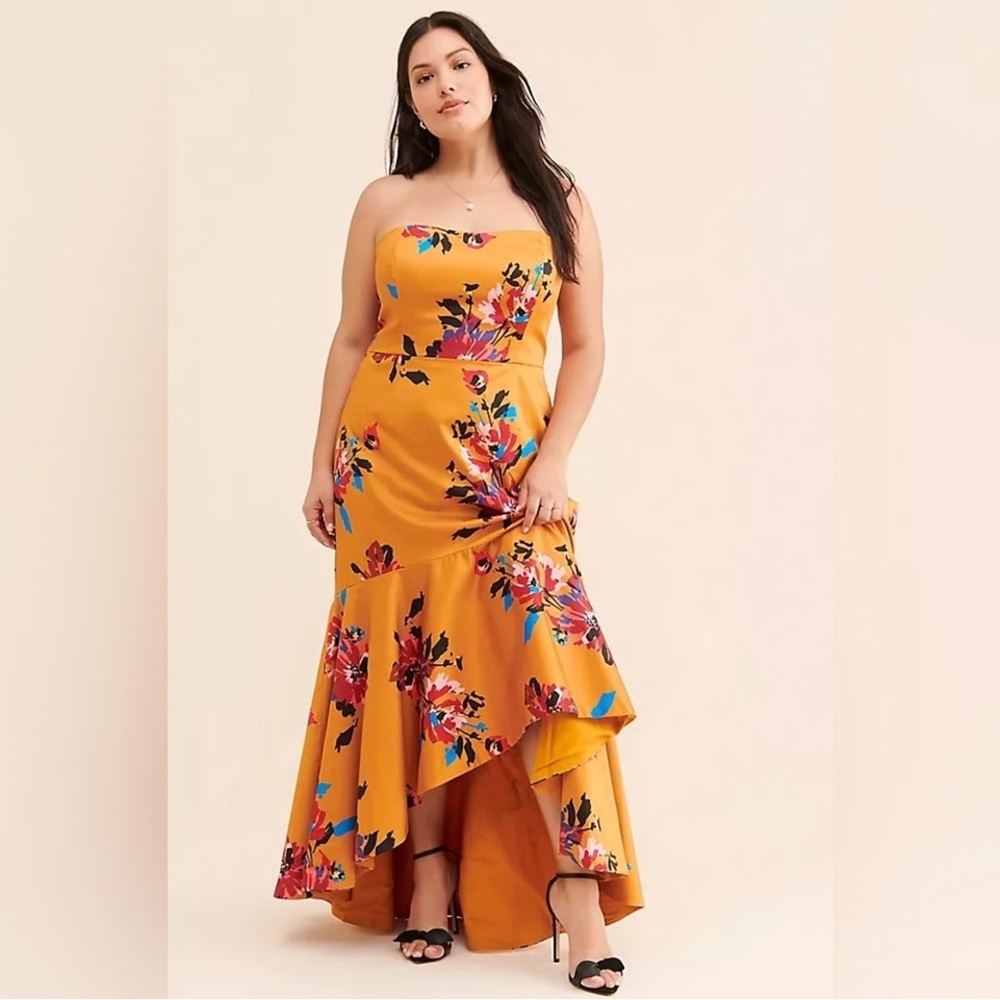 Anthropologie Dea High Low Floral Autumn Colored Ruffle Strapless Gown NWOT 18W